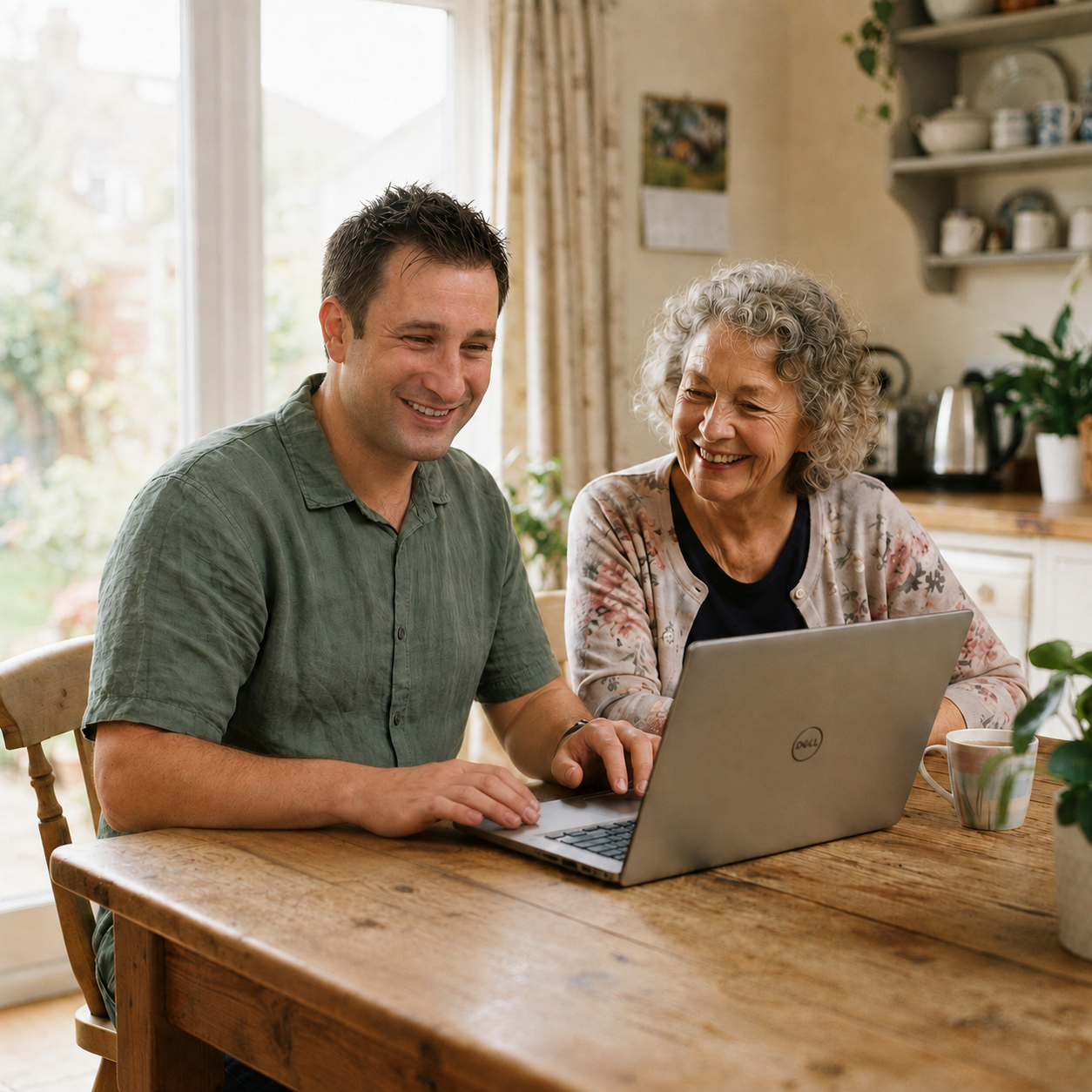 A friendly technician helping a homeowner with their laptop at a kitchen table