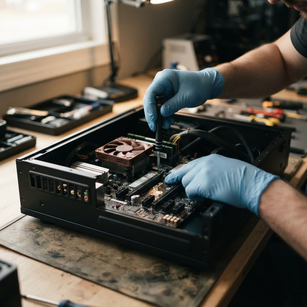 Close-up of a technician repairing the inside of a computer